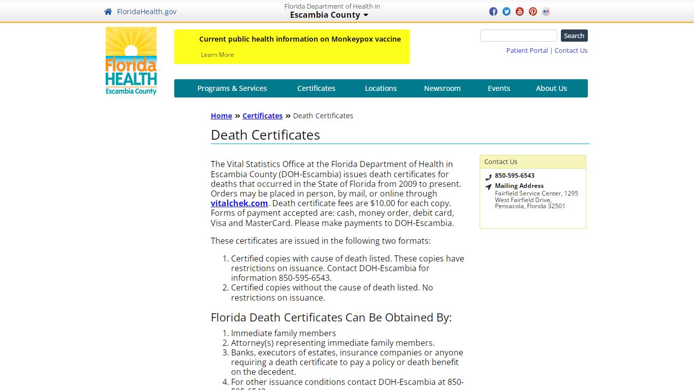 Death Certificates | Florida Department of Health in Escambia