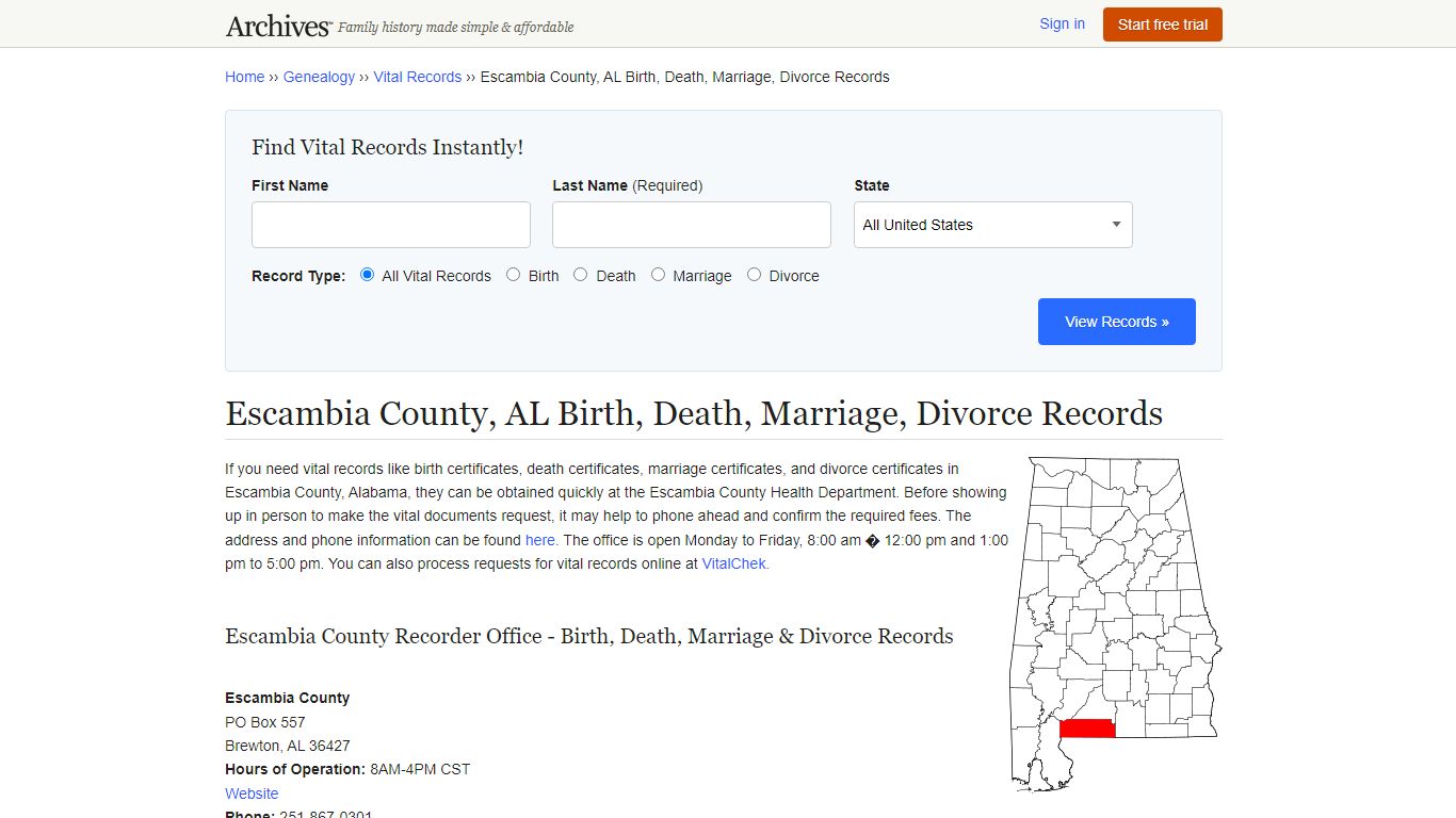 Escambia County, AL Birth, Death, Marriage, Divorce Records