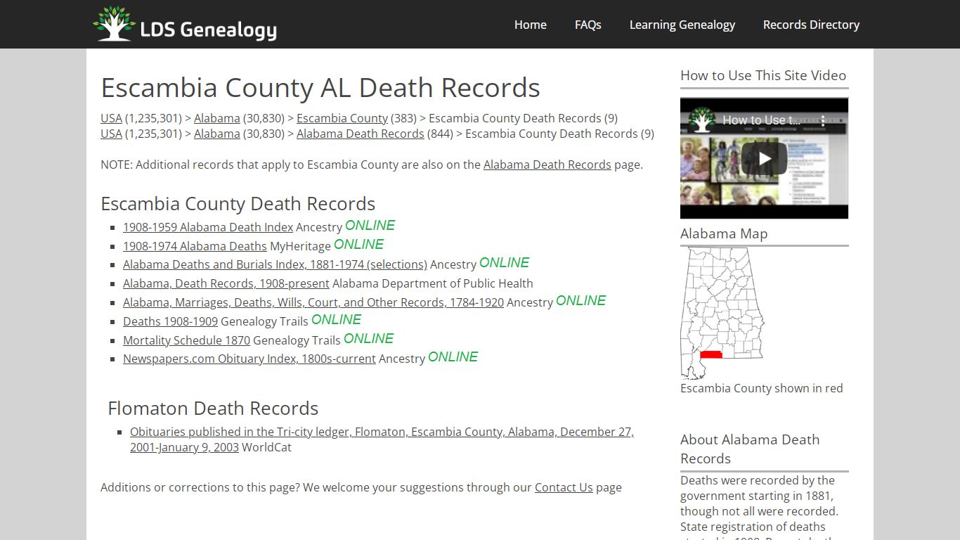 Escambia County AL Death Records - LDS Genealogy